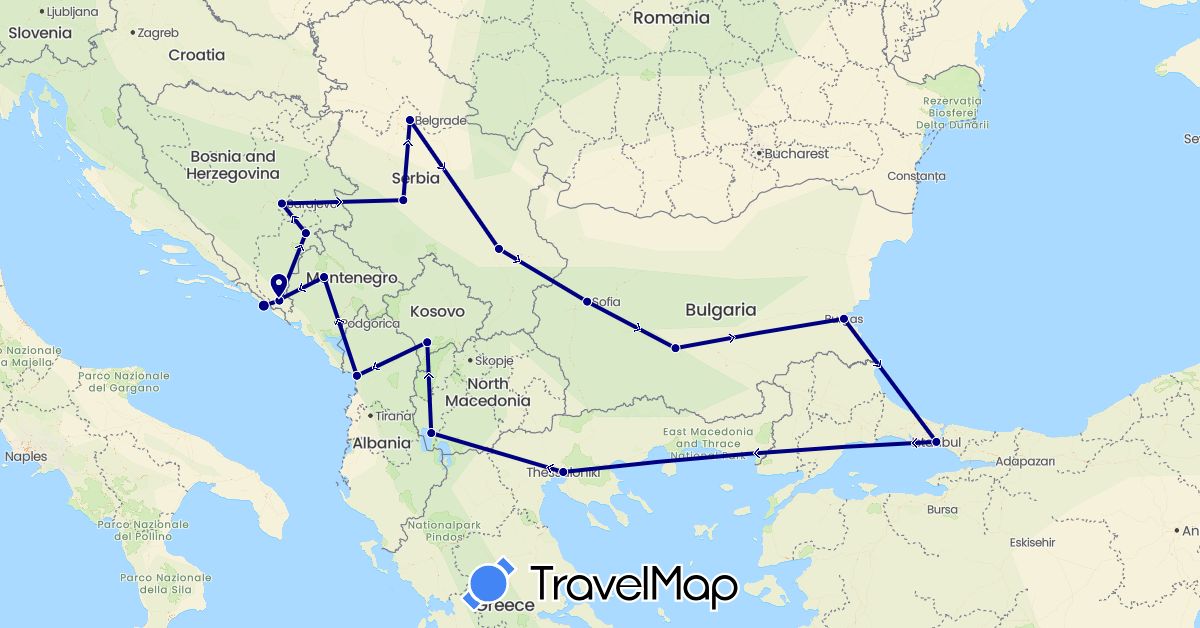 TravelMap itinerary: driving in Albania, Bosnia and Herzegovina, Bulgaria, Greece, Croatia, Montenegro, Macedonia, Serbia, Turkey, Kosovo (Asia, Europe)